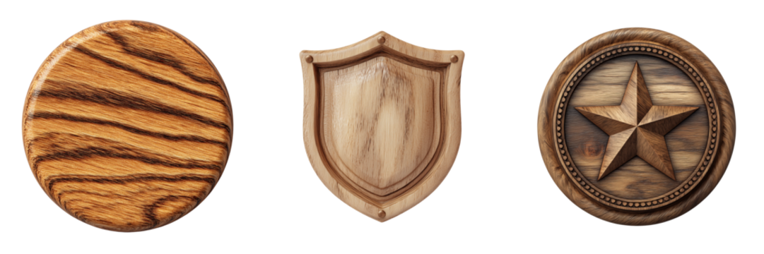 Set of handcrafted round wood shield on transparent png background. Ai generated
