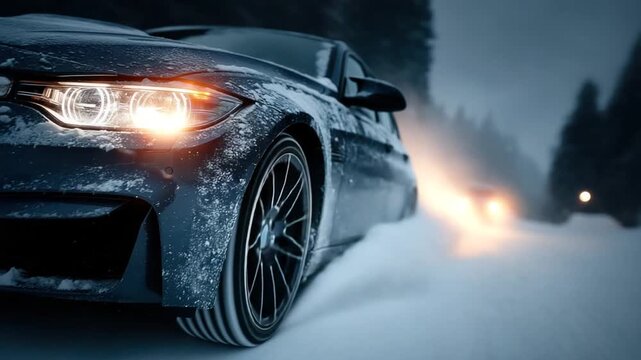 Dark gray car driving on a snowy road at night
