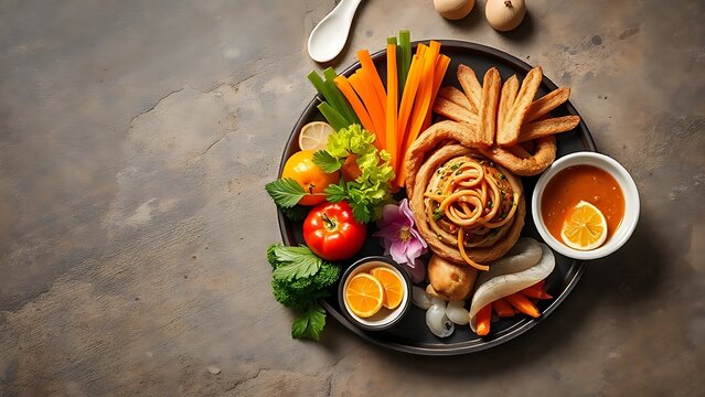 An artistic arrangement of Asian cuisine ingredients on a rustic stone surface, featuring Vietnamese and Thai elements in warm tones. - Powered by Adobe