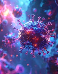 Detailed 3D rendering of a coronavirus cell with vibrant colors.