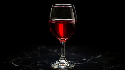 Crystal wineglass with red liquid, dramatic backlight creating refraction, dark marble surface.