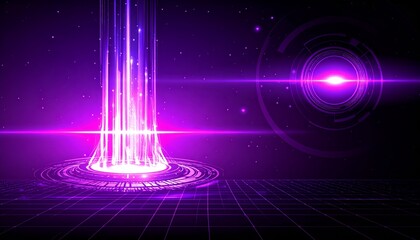 Abstract purple digital illustration with futuristic light beams and tech elements