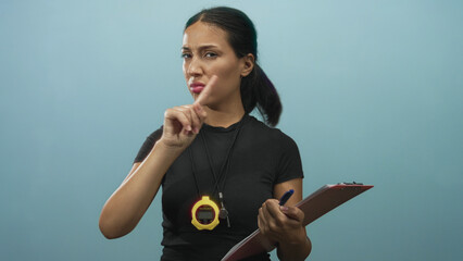 Woman pointing finger, holding clipboard and stopwatch in studio with blue backdrop; stern authority.