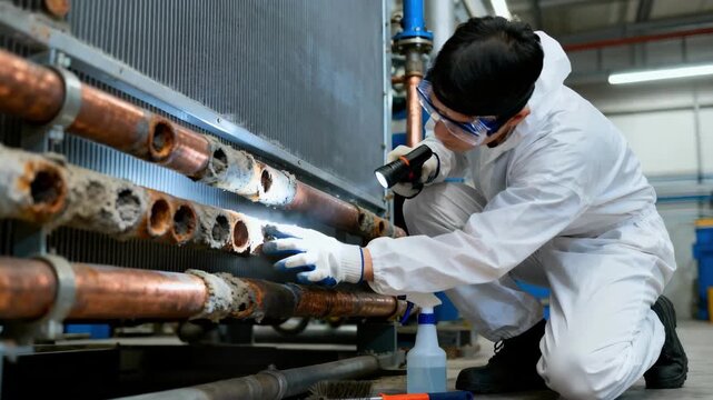 Medium shot of technician inspecting condenser tubes during routine cleaning to boost heat exchange efficiency in industrial cooling systems