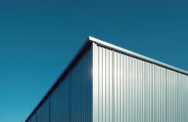 Fototapeta premium Corner of modern warehouse building with corrugated metal wall, blue clear sky. Sunlight reflection on surface. Low angle view of industrial exterior. Warehouse structure with metal facade, bright