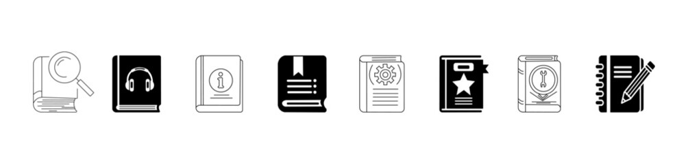 User guide book icon set. Outline magnifying, glass, headphone, gear, star, wrench, pencil, rule, info,   catalog, handbook, website, design collection silhouette vector.