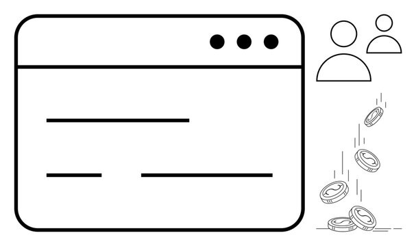 Browser window with user profile icons and coins falling, representing online transactions, user interaction, and digital monetization. Ideal for e-commerce, fintech, marketing, networking
