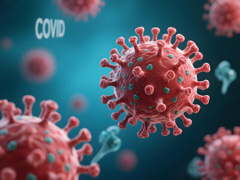 Detailed close-up of red virus cell floating in bloodstream with COVID text, conceptual 3D medical illustration of disease transmission and pandemic awareness