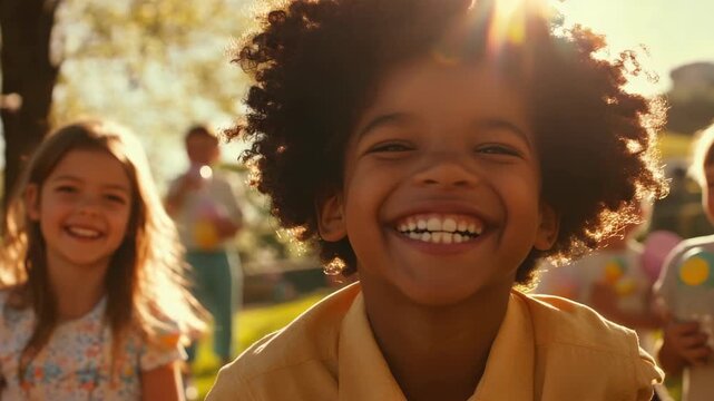 Happy children having fun together outside. Easter egg hunt activity.