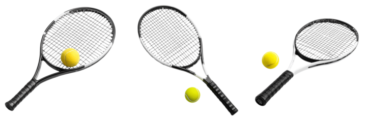 Set of Tennis racket with tennis ball resting on transparent png background. Ai generated