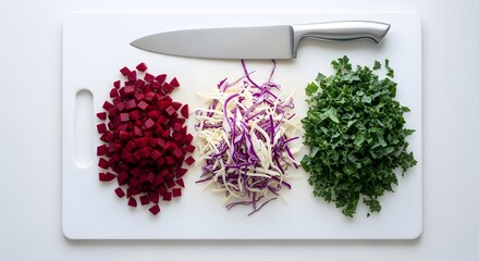 Chopped fresh ingredients including beets coleslaw and parsley arranged on a white cutting board with a knife