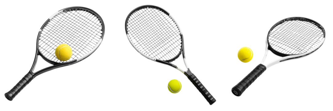 Set of Tennis racket with tennis ball resting on transparent png background. Ai generated
