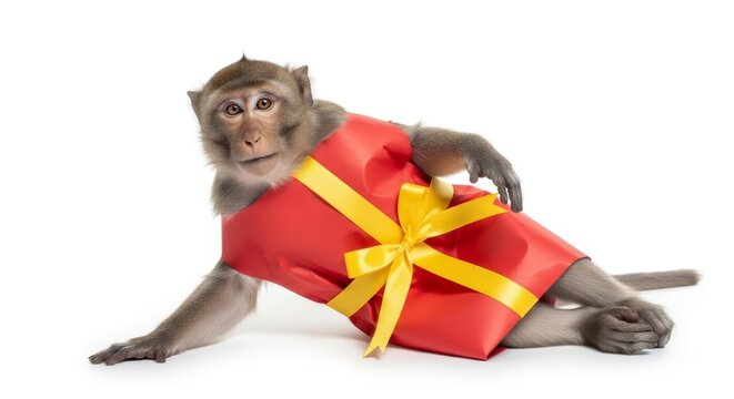 monkey wearing a present gift costume, on a white background