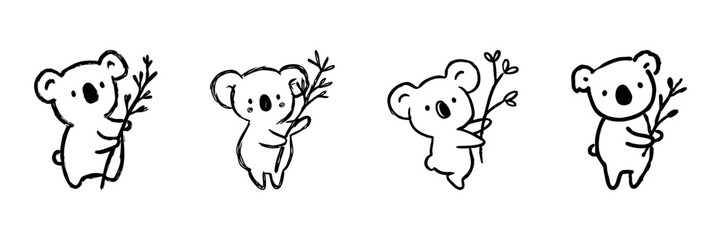 Fototapeta premium Cute Koala Holding Branch Line Icon Set In Doodle Style. Wildlife, Nature, And Australian Animal Outline Sketch Collection. Adorable Cartoon Character. Hand Drawn Isolated Vector Illustration