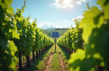 Obraz premium Solar panel stands in a green vineyard under a clear blue sky. Rows of grapevines stretch toward rolling hills. This scene blends agriculture with renewable energy.