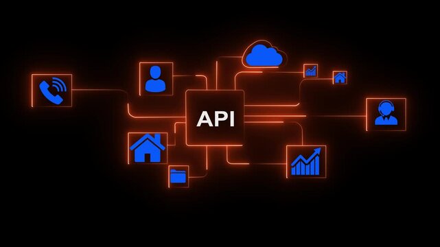 Glowing neon A P I cloud connection network with business icons handshake communication growth security and teamwork digital technology concept , API - Application Programming Interface. 4k video...