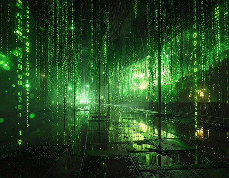 Futuristic scene with green falling code in a digital environment reflecting a cybernetic world