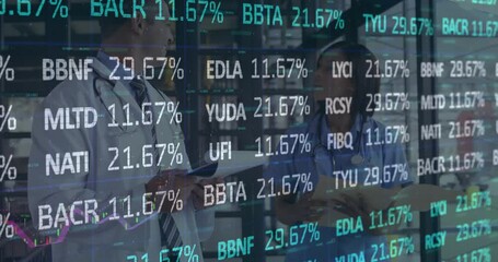 Doctor and nurse sharing docs and viewing tablet while data tickers updating guiding patient care - Powered by Adobe