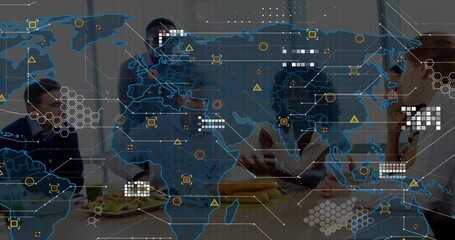 Team discussing business strategy while holographic world map fading in over table, adding nodes - Powered by Adobe