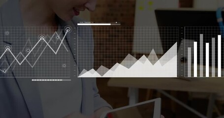Female analyst tapping and swiping tablet, generating overlays and analyzing rising business trends - Powered by Adobe