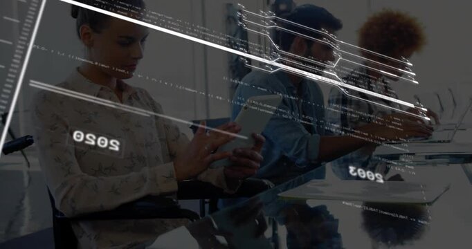 Left woman tapping tablet, starting moving timeline while team typing at glass table for training