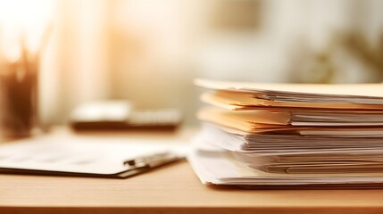 Tall stack of manila folders rests on a light wooden desk during a bright day