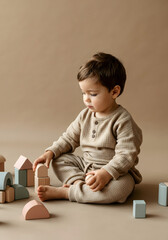 Young Child Building Pastel Wooden Blocks in Soft Natural Light