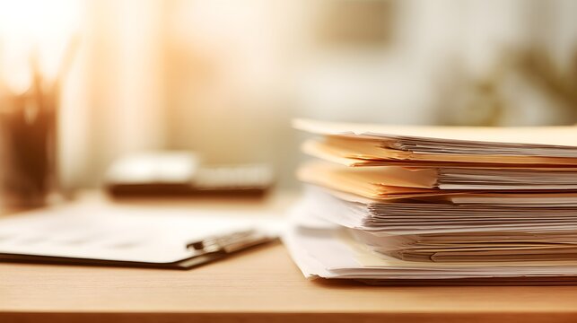 Tall stack of manila folders rests on a light wooden desk during a bright day