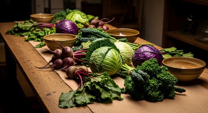 Abundant harvest of fresh root vegetables and leafy greens arranged on a rustic wooden table