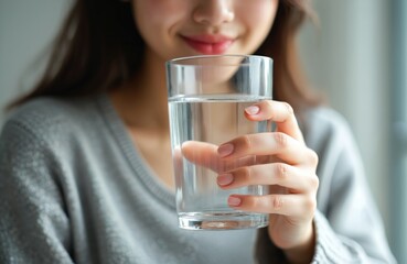 Young asian woman holds clear glass of water for drinking. Girl enjoys refreshing beverage, thirst quencher, pure liquid. Healthy lifestyle hydration, clean drinking refreshment. © miss irine