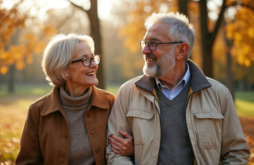 Smiling senior couple walks arm in arm through autumnal park with golden foliage. Elderly man, woman share joyful moment outdoors. Enjoy sunny day together, appreciating natures beauty, lasting love.