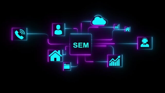 Glowing neon Digital Marketing Cloud S E M Strategy Icons Connected Network Business Growth Teamwork Concept. SEM Search Engine Optimization Marketing Ranking concept for website