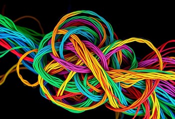 Intricate, vibrant knot of interwoven, multicolored threads forming abstract shapes,  lines,  textile