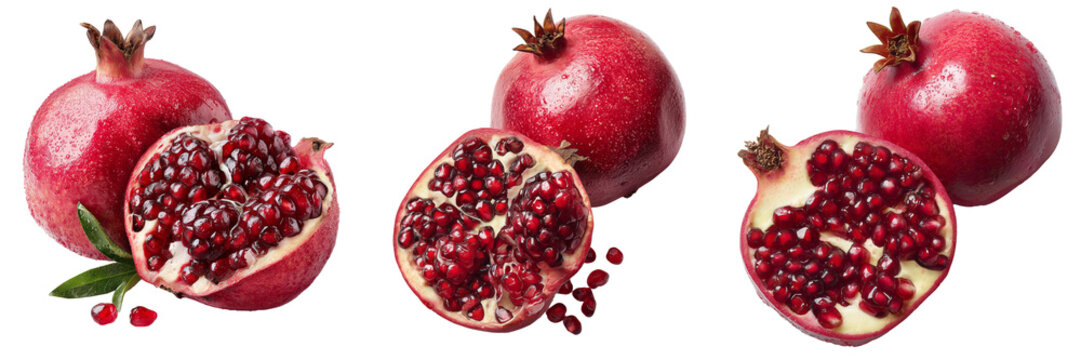 Set of Fresh whole pomegranate fruit and sliced halves revealing juicy red seeds on transparent png background. Ai generated - Powered by Adobe