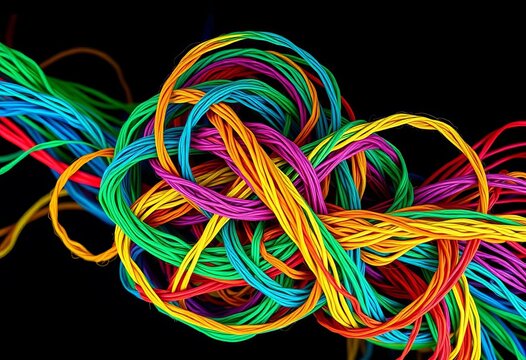 Intricate, vibrant knot of interwoven, multicolored threads forming abstract shapes,  lines,  textile