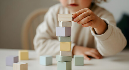 Child’s Hand Placing Final Block on Pastel Wooden Tower