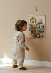 Toddler Gazing at Felt Advent Calendar in Soft Natural Light