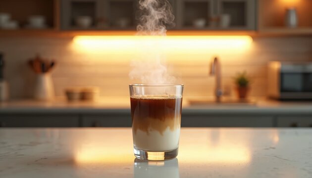 Steaming layered coffee beverage on counter. Macchiato drink with milk and espresso in glass. Kitchen blurred background with warm colors. Cafe latte on bright table at home.
