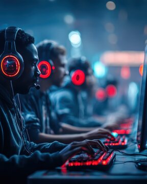 AI Metaverse Virtual reality Cloud computing IoT 5G Cybersecurity Robotics concept. Immersive Gaming Experience with Headsets in a High-Tech Environment Featuring Virtual Reality and Blockchain