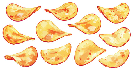 水彩のポテトチップスイラストセット,スナック菓子,ジャンクフード,手描き,食べ物,ベクター
