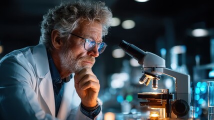 AI Metaverse Virtual reality Cloud computing IoT 5G Cybersecurity Robotics concept. Advanced Research in Laboratory, Scientist with Microscope Examining Data Under Soft Lighting