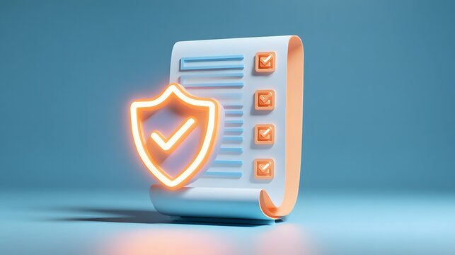 Glowing protection symbol hovers over a completed digital checklist document