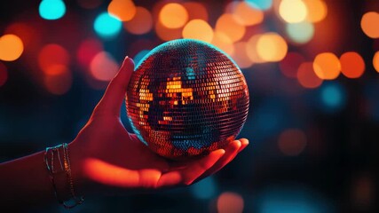 Hand holding reflective disco ball with lights glowing behind it. - Powered by Adobe