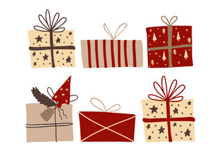 set of gift boxes with ribbons