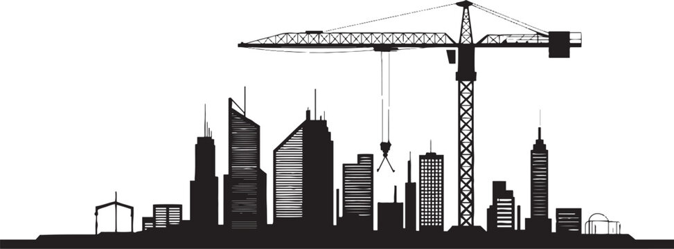 Black silhouette of a futuristic city skyline with construction cranes and skyscrapers cityscape building