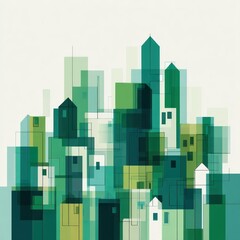 Obraz premium Abstract Cityscape Illustration with Overlapping Green and Teal Buildings.