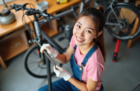 Young asian woman fixes bicycle chain wearing denim overalls. Mechanic girl smiles, works in home garage workshop with tools. Bicycle repair, cycling hobby at home.