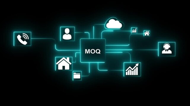 Futuristic digital network diagram with MOQ in center and business icons Minimum Order Quantity commerce. Glowing neon network connecting MOQ business icons handshake phone graph analytics brain gears