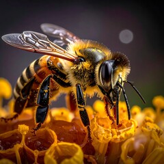 Detailed close-up of a bee collecting nectar from a flower.