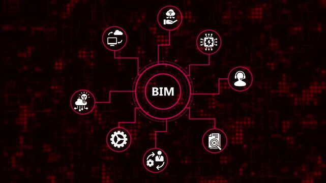 Building information modeling concept with bim icon and related icons on digital background, representing the use of technology in construction and architecture